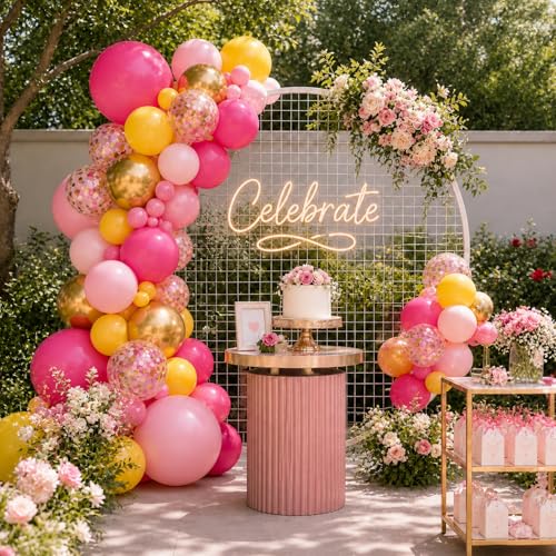 Image of Pink Yellow Balloons, 50Pcs 12 Inch Metallic Gold Confetti Latex | Hot Pink Yellow Balloons for Girls Birthday Baby Shower Bridal Wedding Summer Photo Backdrop Party Decor