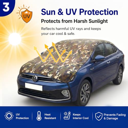 Image of Pivalo Half Car Body Cover for Sedan Cars (All Models & Years) | 100% Waterproof Outdoor UV & Heat All Weather Protection | Triple Stitched 3 Layer with Adjustable Straps Cover (Military /Army)