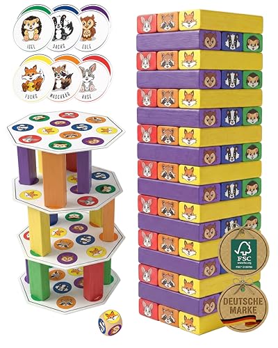 SINNESFUCHS Wackelturm Holz - FSC 100% Holzspielzeug ab 3 Jahre - kreatives 7 in 1 Lernspielzeug - Stapelspiel Holz Spielzeug - Geschicklichkeitsspiele ab 4 Jahre - Kinder Junge & Mädchen Turm Spiel