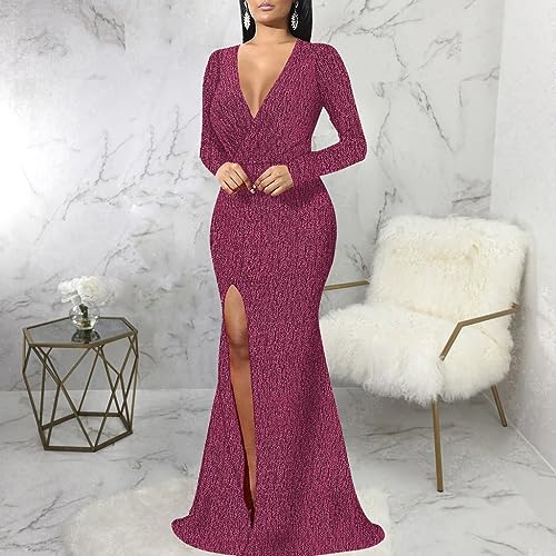 Image of Women's Sexy Long Sleeve Sparkly Maxi Dress V Neck High Slit Wrap Formal Gown Cocktail Glitter Maxi Long Dresses