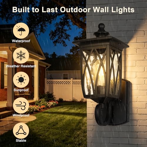 Image of JYZ 16 inch Outdoor Wall Light Fixture, Classic Exterior Waterproof Wall Lantern, Matte Black Anti-Rust Sconce with Water Ripple Glass Shade, E26 Base Outside Porch Lights for Patio Garage Door