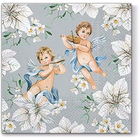 20 Napkins Angel on Flowers Silver as Table Decoration and for Decoupage Crafts 33 x 33 cm Cover