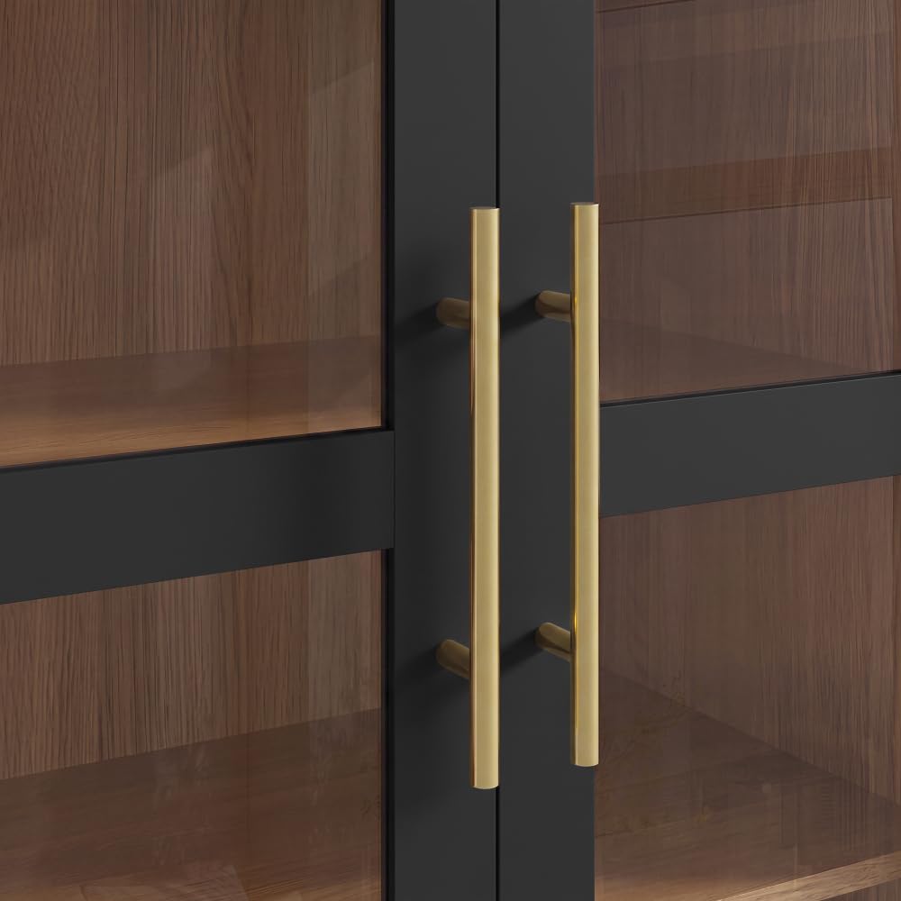 Buffet, vitrine avec 3 portes, 4 tiroirs et compartiment ouvert en arc rond, armoire de salon PB + MDF, buffet de salon, buffet avec poignées en aluminium (noir)