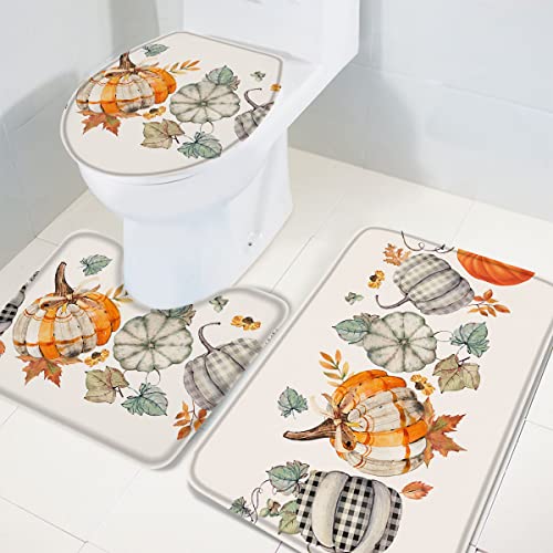 Fall Pumpkins Maple 3-teiliges Badezimmerteppich-Set Harves Thanksgiving Country Farm Crop Langlebiges weiches Badematten-Set mit Konturteppich Toilettendeckelbezug for Dusche/Badewanne, 20"x32"+16"x1 – Bild 5