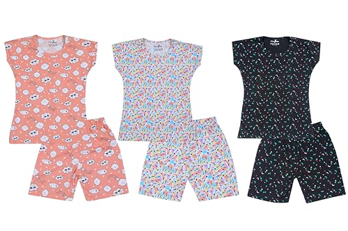 Image of NammaBaby Girl Cotton Night Suit Tshirt Shorts Capri Pyjama Set - Multipacks
