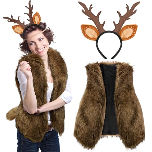 Suhine 3 Pcs Deer Costume Set Deer Antlers Headband with Ears Faux Fur Vest for Christmas Halloween Cosplay(Large)