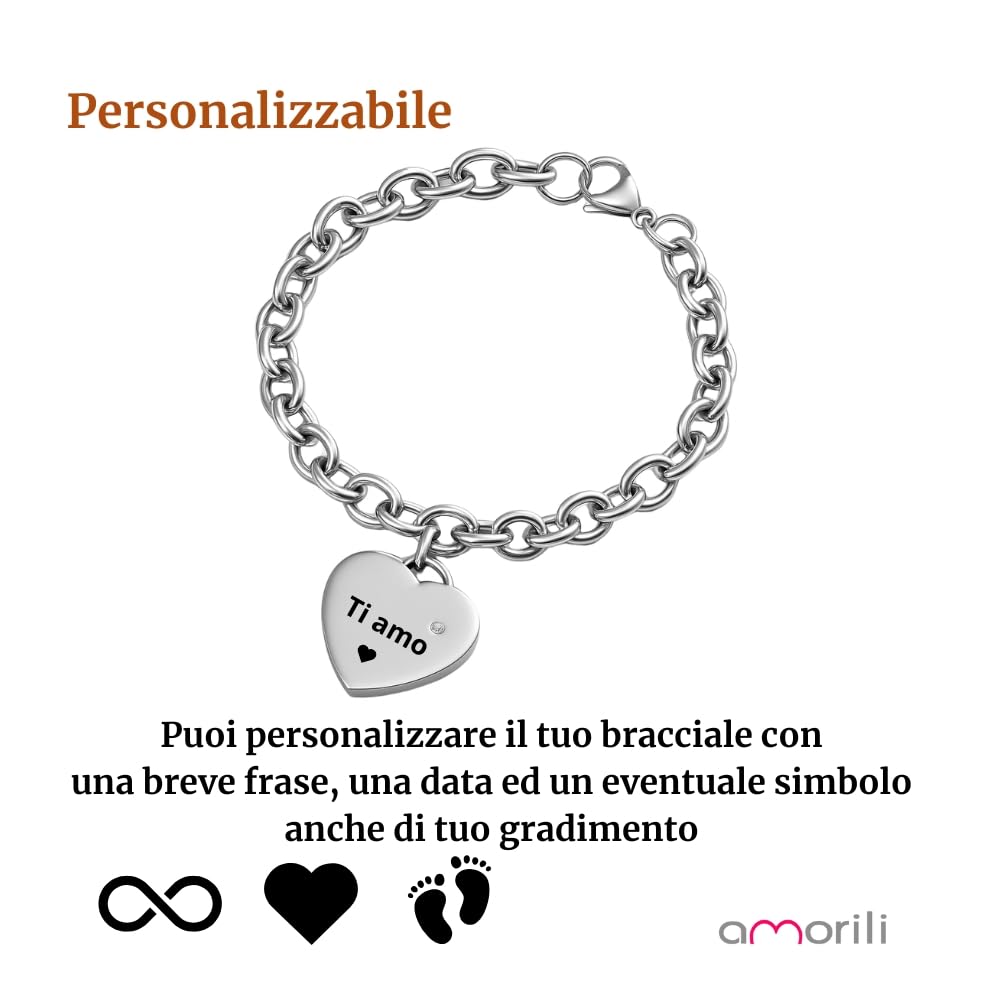 Bracciale Personalizzato Donna con Cuore in Acciaio Inox | Personalizzabile con Incisione | Gioiello Romantico ed Elegante | Idea Regalo per Lei bcc1688