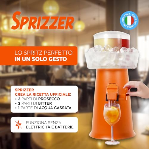Sprizzer Machine per lo Spritz, Dispenser con Miscelatore per Aperitivo e Aperol Spritz, Contenitore per Ghiaccio, 3L, Erogatore Manuale senza Elettricità/Batterie, Arancione, Made in Italy - immagine 3