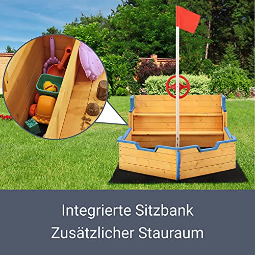 Juskys Sandkasten Käpt'n Pit - Piratenschiff Boot aus Holz - große Kinder Sandkiste für Garten mit Bodenplane, Dach & Sitzbank - Outdoor Sandbox – Bild 6