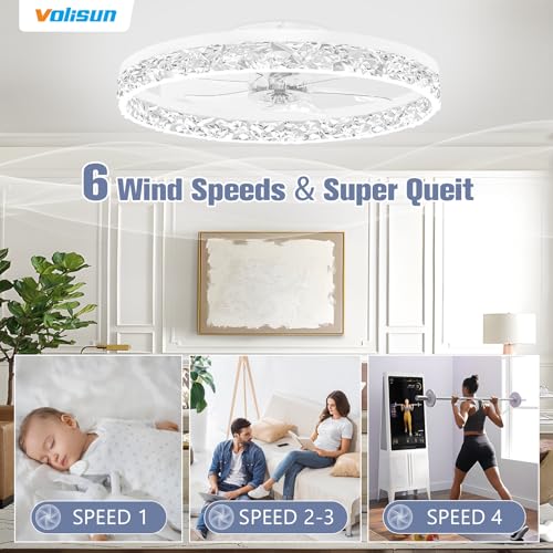 Image of VOLISUN Fandelier Ceiling Fans with Light, 23.6in Low Profile Ceiling Fan with Light and Remote, 3000K-6500K Dimmable Bladeless Ceiling Fan Flush Mount, White Modern Ceiling Fan with Light for Bedroom