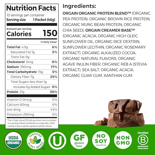 Image of Orgain Organic Vegan 21g Protein Powder, Chocolate Fudge, 10 Travel Packs | Plant based protein, 7g prebiotic fiber, low net carb, no added sugar or lactose ingredients, non-GMO, for shakes & smoothies