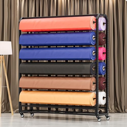 Heavy Duty Fabric Roll Storage Rack with Adjustable Hanging Rod - Mobile Steel Organizer for Vinyl, Leather, Car Window Film, Wallpaper Display - Perfect for Retail and Craft Use