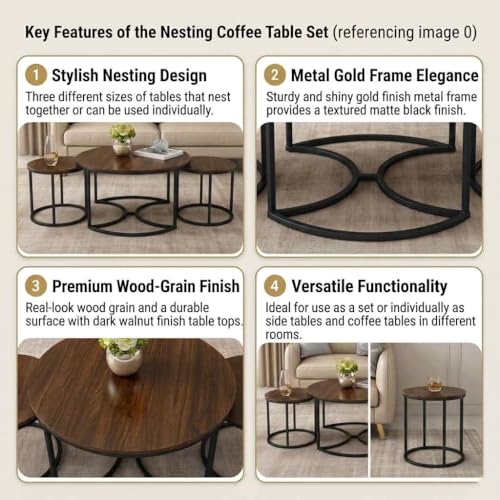 Image of 3 Piece Living Room Table Set, 1 Center Table and 2 End Nesting Tables NO-Tools Assembly Round Stacking Coffee Side Tables for Small Spaces, Nightstand Bedside Table