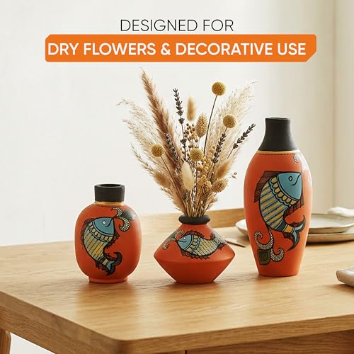 Image of Aakriti Art Creations Happy Fishes Vases Set of 3 in Orange | Hand-Painted Madhubani Art Terracotta Flower Vases | Matte Finish Decorative Vases for Living Room, Table Decor & Gifting