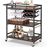 Leteuke Bar Cart for Home, 3 Tier Black Serving Rolling Carts with Wheels, Drink Cart, Liquor Stand with Removable Tray, Wine Rack and Glass Holder for Kitchen, Outdoor, Dining Room-Black Brown