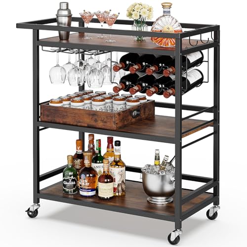 Image of Leteuke Bar Cart for Home, 3 Tier Rolling Serving Carts with Wheels | Drink Cart, Liquor Stand with Removable Tray, Wine Rack and Glass Holder for Kitchen, Outdoor, Dining Room-Black Brown