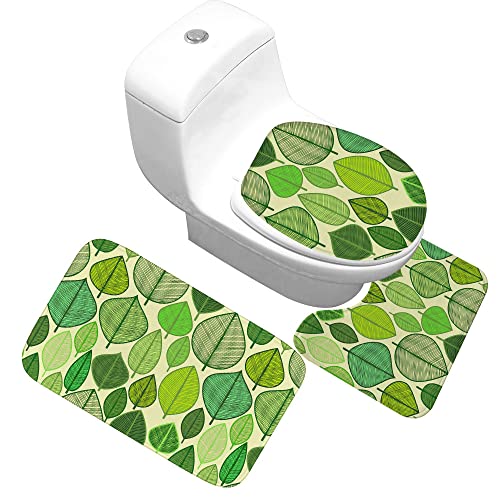 Badteppich Set,Badematten Teppich-Set 3-Teilig Handbemalte Grüne Blattpflanzen 3D-Druck rutschfeste Badematten Weiche…