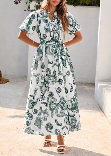 Image of KIRUNDO Women Spring Summer Wedding Guest Boho Floral Maxi Dress Puff Sleeve Button Shirt V Neck Flowy Beach Vacation Dress