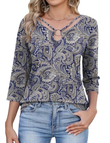 Image of Rapbin Ladies 3/4 Sleeve Tops for Women UK Cut Out Keyhole Ring Neck Tunic