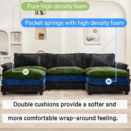 Image of Oprisen 120 inch Modular Sectional Sofa, Comfy Cloud Couch Sectional Sofa with Ottoman, Chenille Sofa Sleeper Deep Seat Sofa with Throw Pillows for Living Room (Black, 120 inch- U Shape)