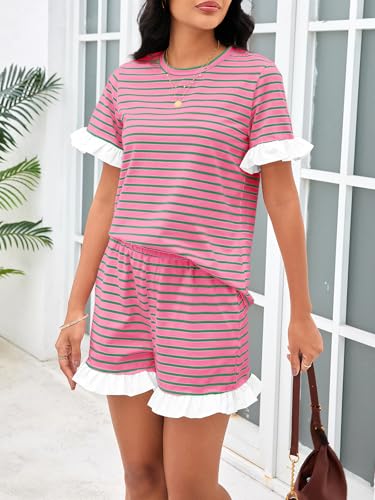 Image of Tankaneo Womens 2 Piece Striped Shorts Set Ruffle Short Sleeve Tops Hight Waist Shorts Matching Sets Summer Vacation Outfits