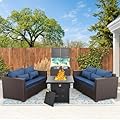 Patio Furniture Set 4 Piece Patio Furniture Set Patio Loveseat 50000 BTU Propane Fire Pit Storage Box with Non-Slip Cushions and Waterproof Covers, Navy Blue