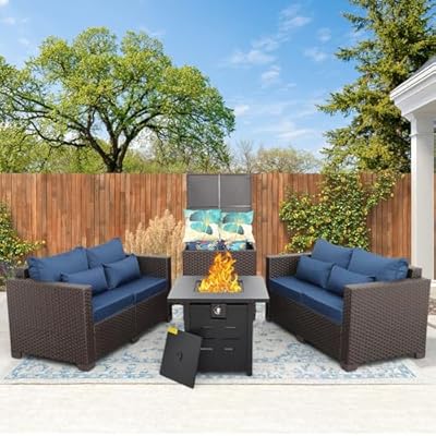 Patio Furniture Set 4 Piece Patio Furniture Set Patio Loveseat 50000 BTU Propane Fire Pit Storage Box with Non-Slip Cushions and Waterproof Covers, Navy Blue