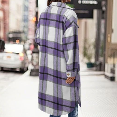 Flannel Shirt Women Long Corduroy Plaid Shacket Jacket Long Sleeve Tartan Shirt Lapel Button Trench Coat with Pocket3