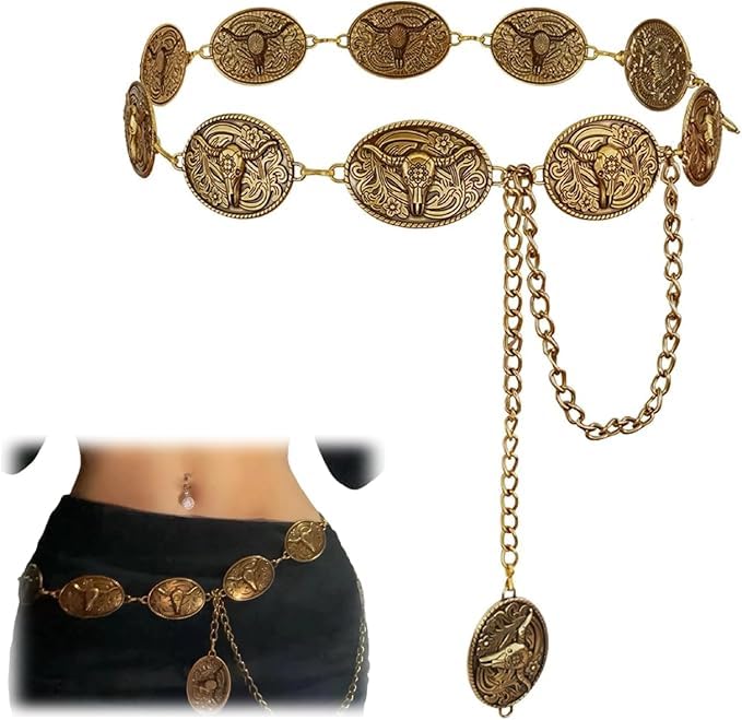 Western Metal Concho Belt for Women Cowgirl Chain Belts for Dresses Jeans Country Concert Outfit Gold belt