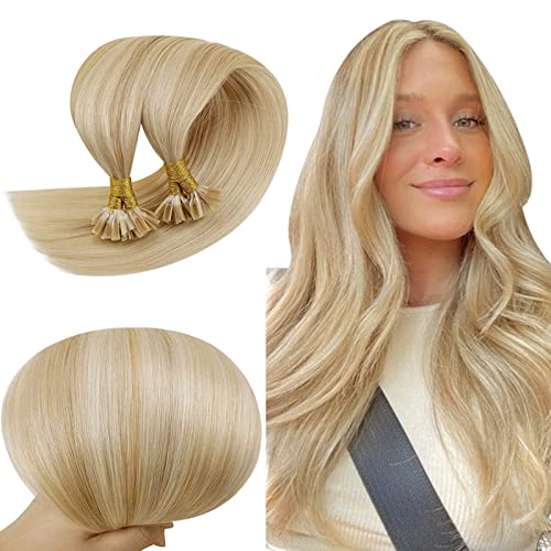 RUNATURE Extension Cheveux Keratine Blond U Tip Keratine Extension Pose a Chaud Real Hair Blond Foncé Surligné Blond Bleach #18P613 Hot Fusion Extension Naturel Keratine 16 Pouce/40cm 50 Mèches/50g