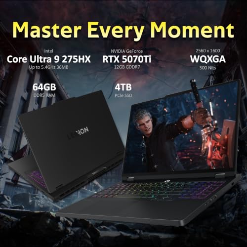 Image of Lenovo Legion Pro 5 16 inch WQXGA 165Hz Gaming Laptop, Intel Core Ultra 9 275HX, GeForce RTX 5070 Ti 12GB GDDR7, 64GB DDR5, 5TB Storage (4TB SSD+1TB Docking Station), Backlit Keyboard, Win 11 Pro, Black