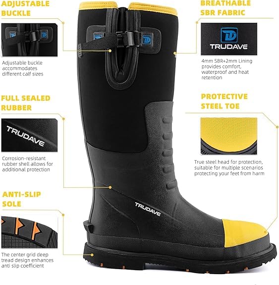 Image of Trudave Steel Toe Rubber Boots for Men with Steel Shank, Anti Slip Waterproof Mens Mud Boots Hunting Work Boots, Durable Rain Boots for Construction, Farming, Size 6-14