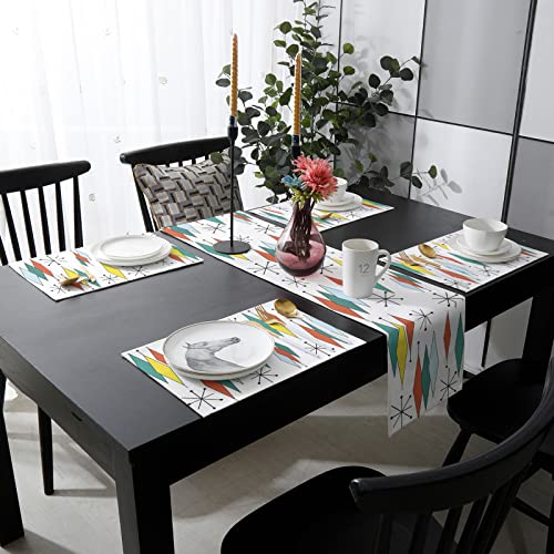 Table Runner And Placemats Set For Dining Table, Vintage Mid Century Style Geometric Diamond Yellow Teal Orange White Cotton And Linen Kitchen Table Mats Sets, (6Pcs Placemats+1 Table Runner) #TOP2