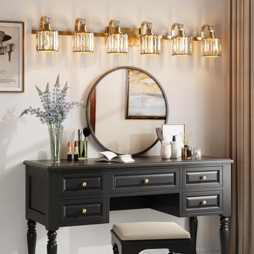 Image of GarveeTech Crystal Gold Bathroom Vanity Light 6 Light Modern Bathroom Light Fixtures Over Mirror Modern Crystal Vanity Lighting