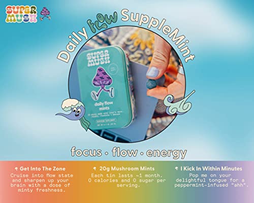 SuperMush Daily Flow and Focus SuppleMint | Lions Mane, Reishi, Rhodiola & Bacopa Monnieri Mixed Mushrooms Extract | Pure Breath Mint to Flow & Focus | 20g Organic Mushroom Mint - Image 2