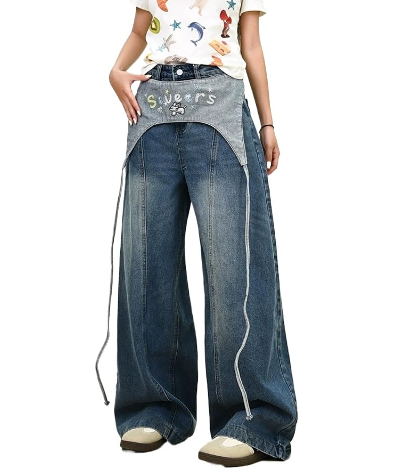 Y2k Kawaii Cartoon Letter Embroidery Tie Wrap Waist Jeans Hiphop Vintage Distressed Baggy Casual Wide Leg Denim Pants