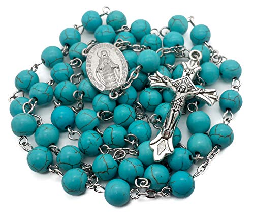 Nazareth Store Turquoise Marble Beads Rosary Catholic Necklace with Miraculous Medal Cross Crucifix Silver Tone Rosaries in Velvet Bag