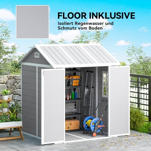 Outsunny Gerätehaus 2,91m² 181 x 181 x 220 cm Geräteschuppen mit Satteldach Boden Abschließbar Tür wetterfest Gartenhaus Kunststoff mit Fenster Outdoor Garten Schuppen für Hinterhof Außenbereich Grau