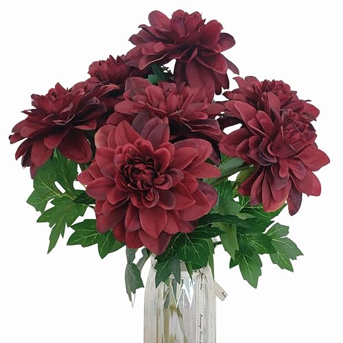 ATFL 8 Pcs Dahlia Artificial Flowers, 24" Fake Silk Dahlia Flower Bouquets for DIY Wedding Centerpieces Arrangements Bridal Shower Party Home Decorations (8, Burgundy)