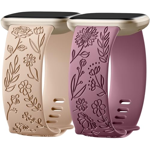 SNBLK 2 Pack Engraved Bands Only Compatible with Fitbit Versa 3/Fitbit Sense/Fitbit Versa 4/Fitbit Sense 2 Bands Four Models, Sunflower Rose Elegant Soft TPU Floral Pattern Replacement Strap