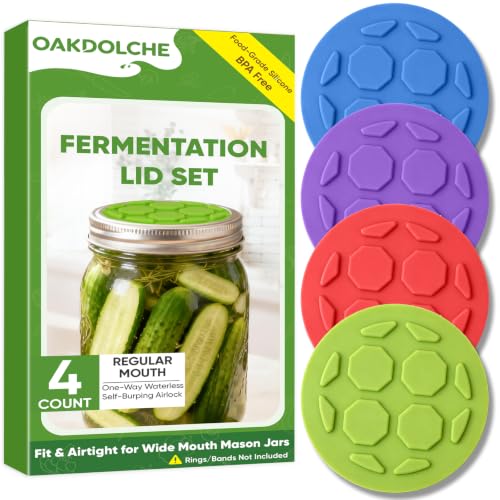 4PCS Silicone Fermentation Lids for Regular Mouth Mason Jars | One-Way Airlock Valve, Self-Burping for Sauerkraut, Sourdough Starter & Probiotics (Patented)