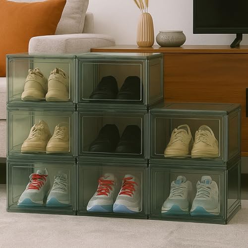 Image of Go Hooked Grey Shoe Box with Magnetic Front Door Stackable Sneaker Display Box & Organizer Pack of 8 - Acrylic Dustproof Shoe Storage Cabinet Transparent Shoe Rack & Sneaker Crate for Home or Display
