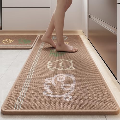 TASTOMEキッチンマット 吸水吸油 汚れにくい 防滑 丸洗い 台所用マット 屋内屋外 玄関マット 新生活 おしゃれ ラグカーペット ロングマット 45*120cm 動物/ブラウン