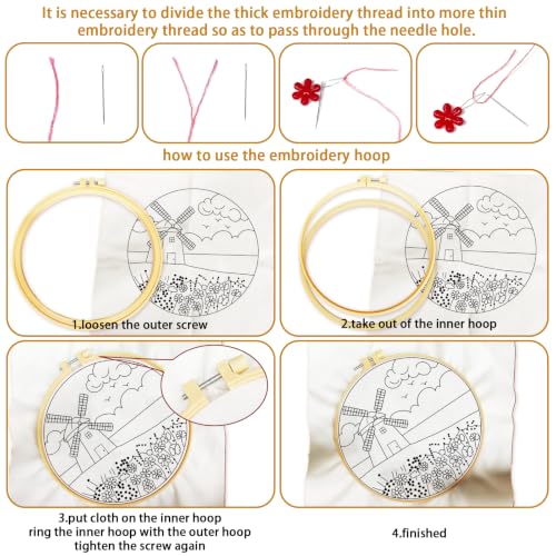 Image of BEUNITONE 4 Set Embroidery Kits for Beginners, Pink Scenery Design with Pre-Stamped Pattern Craft Kits Include Instruction and Hoops, 7.9 inchx7.9 inch Needlepoint Kits for Festival Gifts and Home Decor