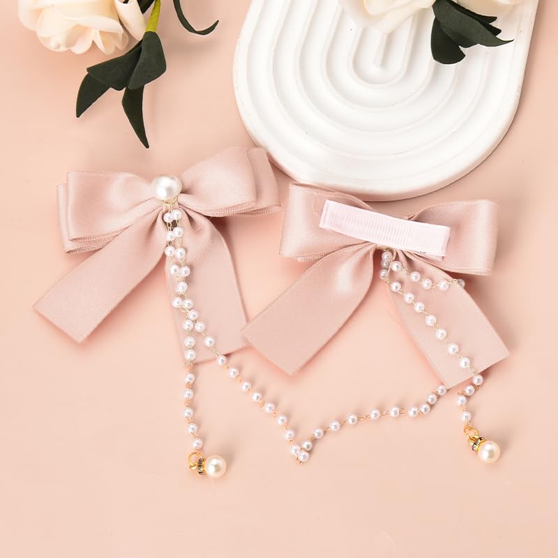 Hair Bow Accessories for Girls Women Pink Hair Bow with Pearls Tassel Ribbon Bow Hair Clips Small Silk Hair Bows for Women Bow Decor Hair Clip Satin Bowknot Hair Clips Head Clips for Women's Hair image 5