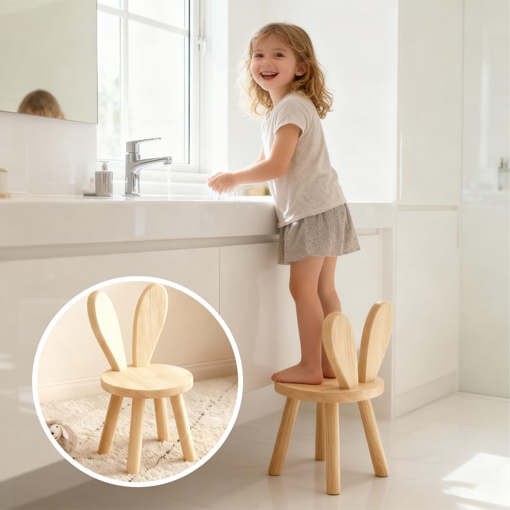 FARYODI Chaise Enfant Bois Massif 45 x Ø 26 cm Tabouret Chaussures Dossier Oreilles Lapin Crèche Chambre
