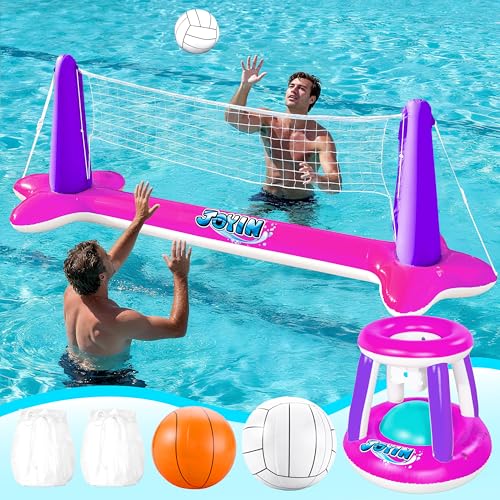 Image of JOYIN Inflatable Pool Float Set Volleyball Net & Basketball Hoops, Floating Swimming Game Toy Floaties for Kids and Adults Volleyball Court (105 inchx28 inchx35 inch)|Basketball (27 inchx23 inchx27 inch),L-Pink Purple