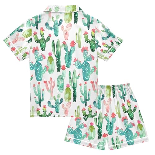 ALAZA Green Cactus Blossom Leaf Pajamas Satin Pajama Set Short Sleeve Button Down Sleepwear2