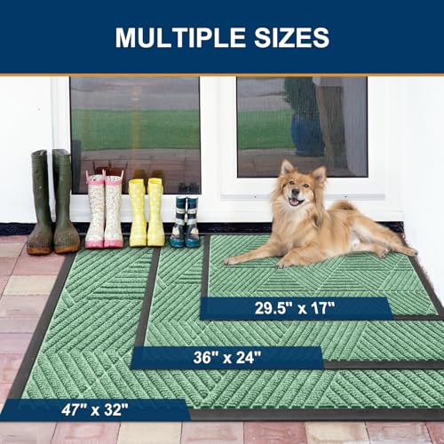Image of Smiry Front Door Mat Outside Entrance, Heavy Duty Sturdy Natural Rubber Doormat, Trap Dirt and Moisture, Easy Clean Low Profile Mats for Indoor Outdoor Entry, Irregular Triangle (29.5x17, Mint Green)