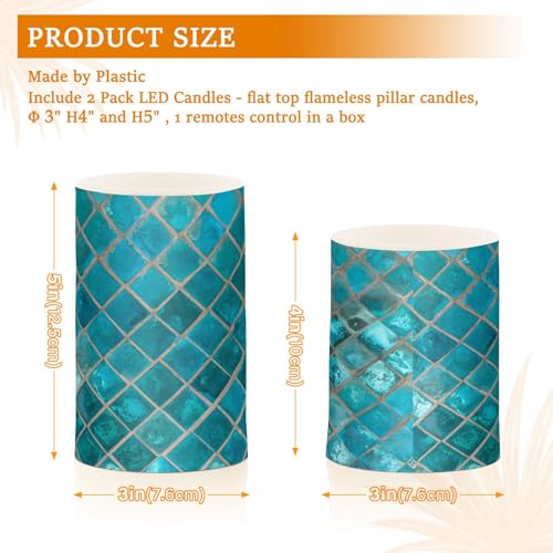 Image of Eionryn Turquoise Ceramic Mosaic Flameless Candles Moroccan Pattern Green Teal Battery Operated LED Candles with Remote Timer Electric Candles for Home Party Decor 2pcs
